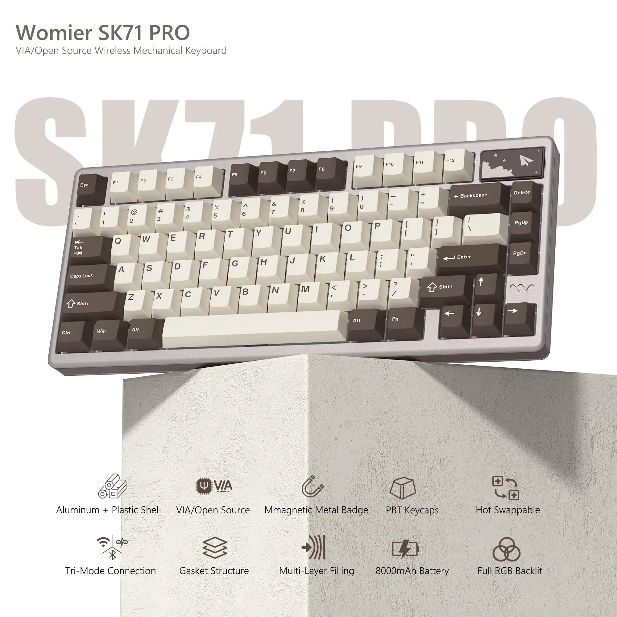 Womier SK71Pro Wireless Mechanical Keyboard QMK/VIA Programmable Tri-Mode Bluetooth/2.4G/USB-C Hot-Swappable RGB Gaming Keyboard
